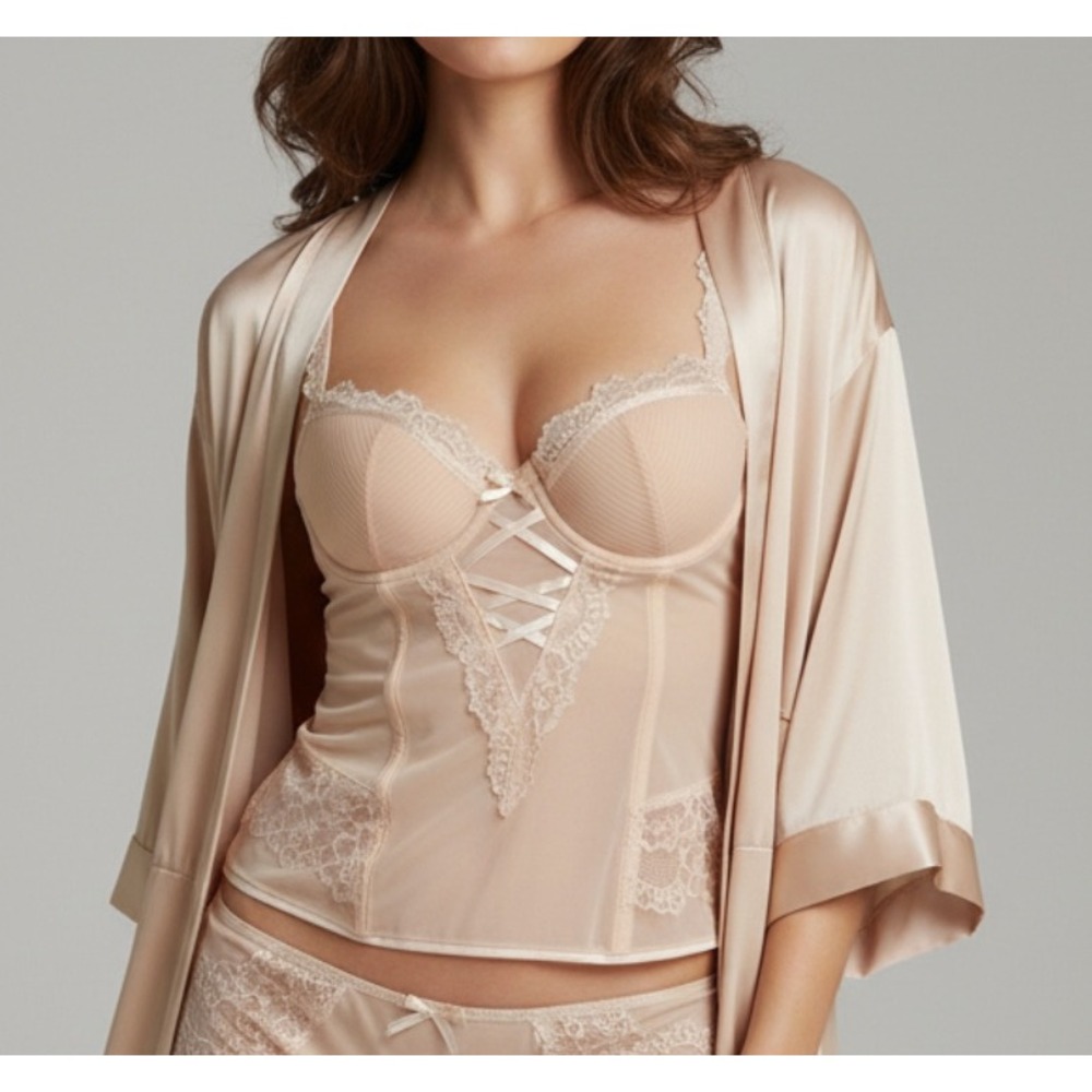 SOPHIE B Beige UNDERWIRE BRA Crystal Pleats LACE DETAIL Corset Bustier Top Sz S